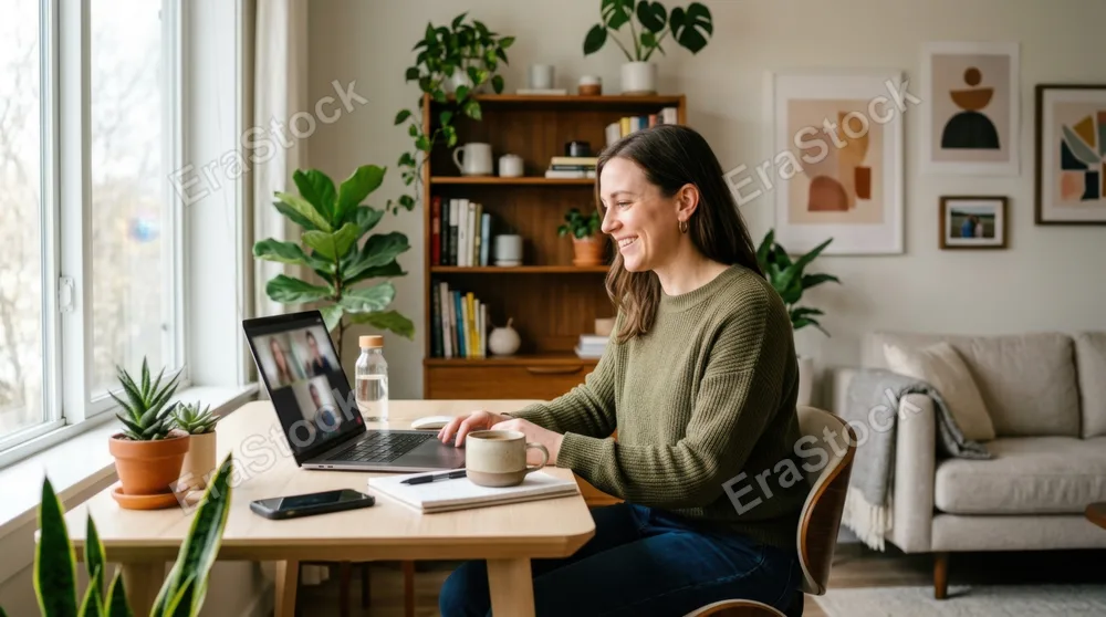 Remote worker video conferencing on laptop in a modern minimalist living room, wearing casual comfortable clothing, desk organized with small plants and personal items,