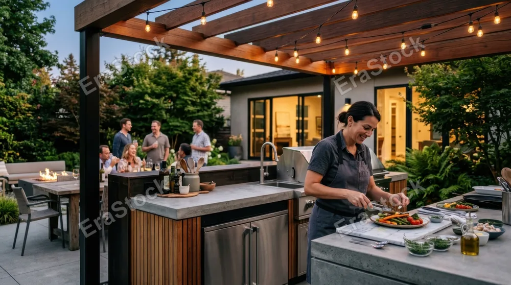 Contemporary backyard cooking station featuring concrete countertops, integrated refrigeration, wooden ceiling pergola with ambient string lighting overhead, chef plating