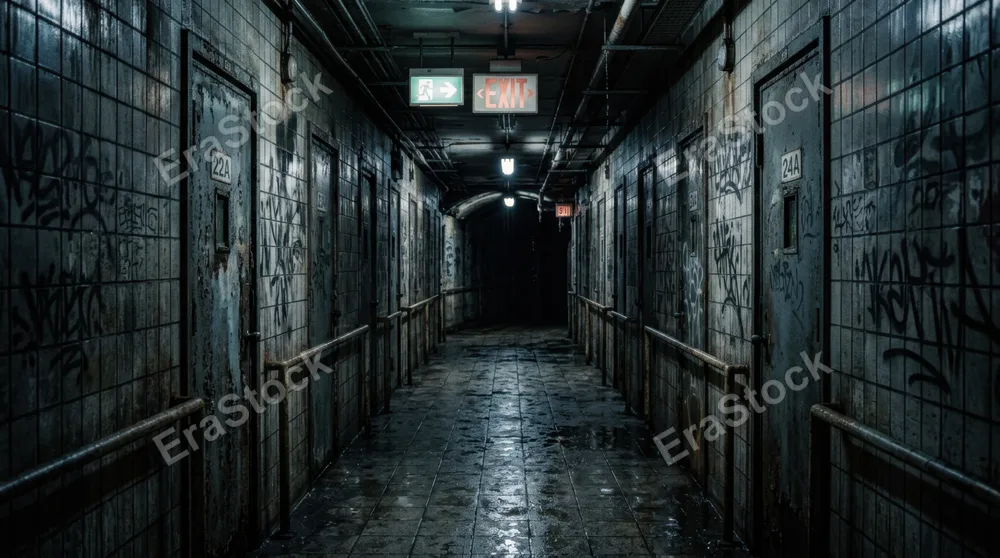 Underground train station corridor with rows of closed doors, emergency exit signs glowing softly, water droplets on grimy tiles catching minimal light, graffiti marks on
