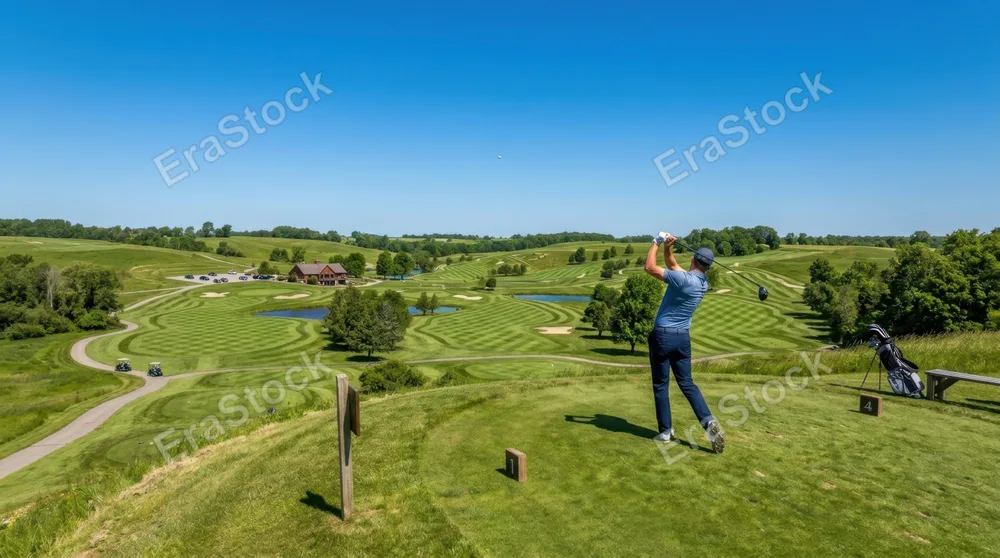 Overhead wide-angle view of golfer's follow-through stance on elevated tee box, club arcing through brilliant blue sky, lush green course sprawling across rolling