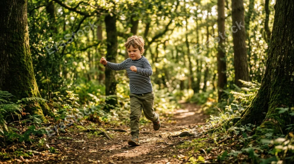 Small child running through a sun-dappled forest path surrounded by tall trees, dappled sunlight filtering through green canopy creating dynamic shadows on clothing and