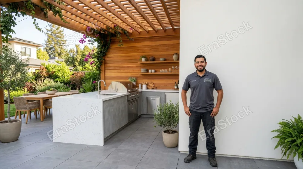 a modern outdoor living space is framed in a clean, frontal composition, showcasing a 28-year-old hispanic male contractor standing confidently beside a blank stucco wall