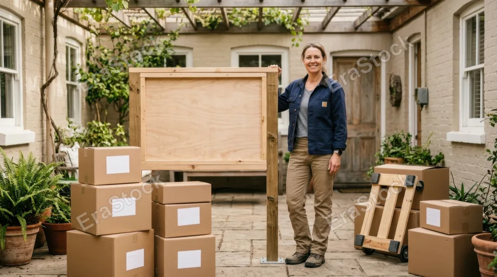 in a bright, inviting rental space, a 47-year-old caucasian female contractor stands next to a blank construction sign, framed in a frontal composition. the stylish patio