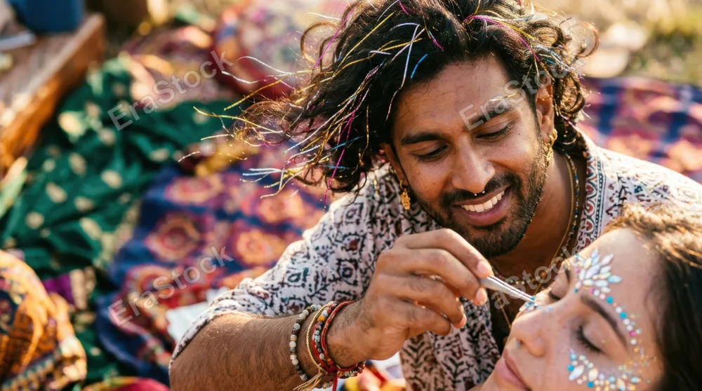 an extreme close-up of a 27-year-old south asian male festival stylist applying face gems, with colorful tinsel in his hair reflecting sunlight, caught in the wind. the