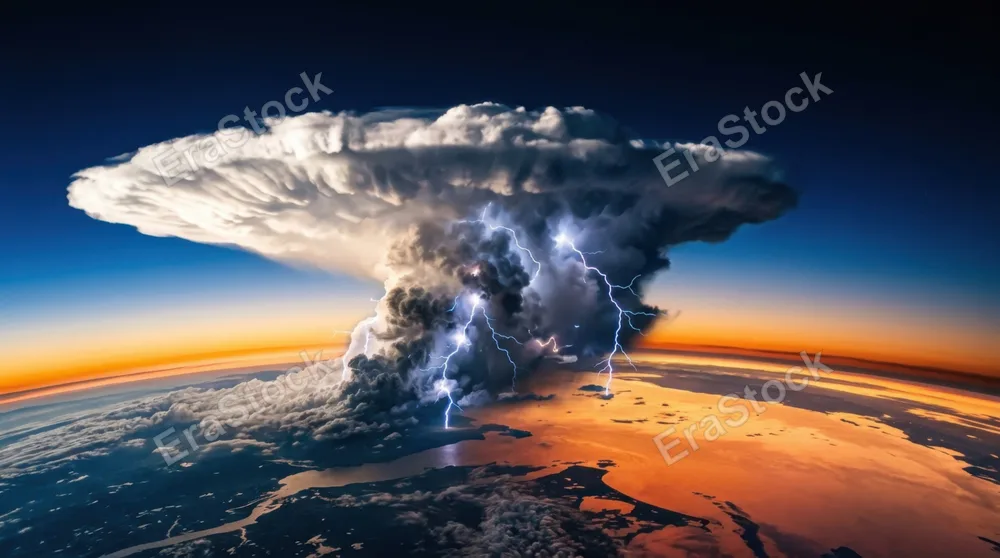 A towering cumulonimbus thunderstorm cell photographed from above by a high-altitude aircraft, the anvil-shaped cloud crown spreading hundreds of kilometers across a