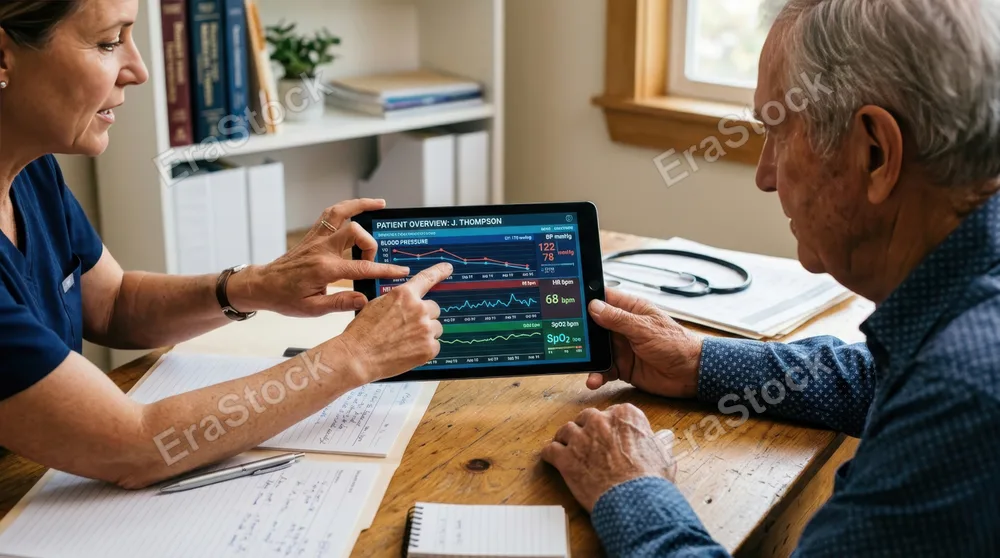 Close-up of a doctor's hands holding a tablet displaying colorful patient health charts and vital sign graphs, sitting across from an elderly patient in a consultation