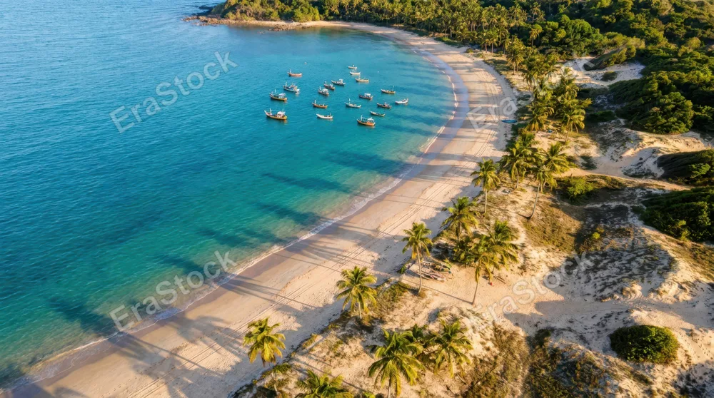 Pristine sandy beach curves gently along crystalline water transitioning from pale green shallows to deep sapphire depths, scattered palm trees dot the shoreline creating