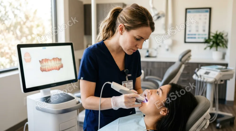 a 28-year-old white female orthodontist, focused intently on scanning a patient's teeth with an intraoral scanner, set within a modern dental clinic. the foreground