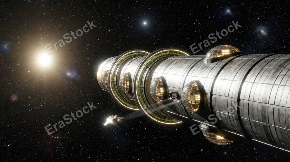 Concept render of a generation ship in deep interstellar space, enormous cylindrical habitat rotating slowly to generate gravity, agricultural rings and transparent habitat domes visible along the