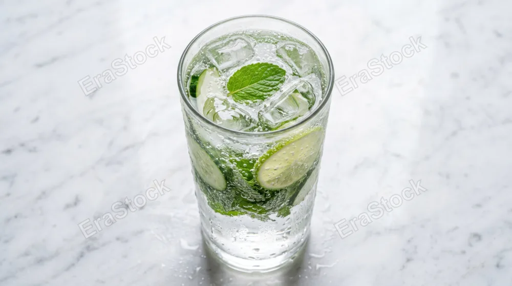 A glass of sparkling water with cucumber, mint, and lime slices from directly above, ice cubes still intact catching light, condensation running down the outside of a tall glass, a marble surface