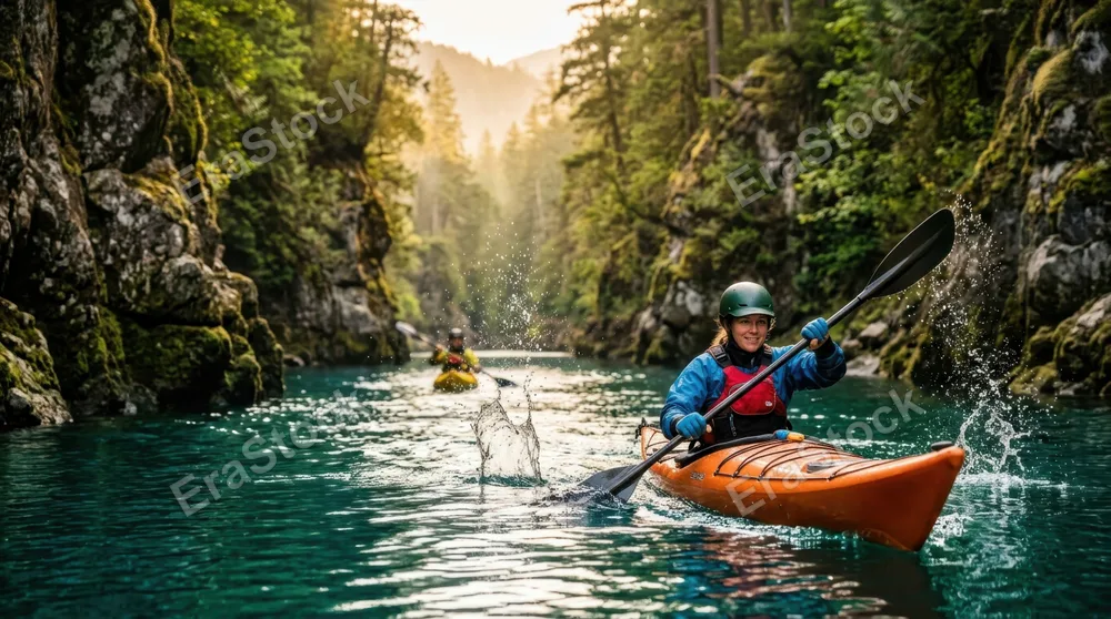 Two kayakers paddling through crystal-clear turquoise water surrounded by towering rocky cliffs and lush green forest, paddles creating dynamic splashes mid-stroke,