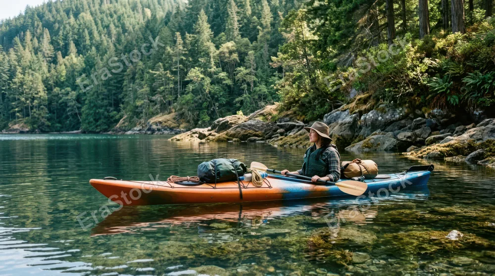 Colorful kayak with gear tied on deck floating near rocky cove, calm water showing underwater rocks and vegetation below surface, forested hillside rising behind, dappled