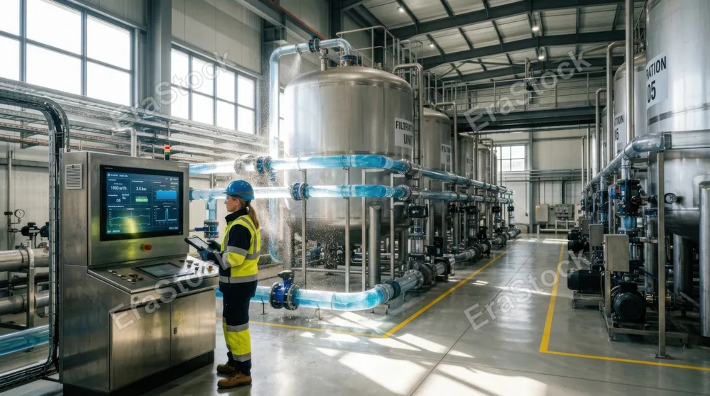 Industrial water filtration facility with large cylindrical steel tanks, clear blue water flowing through transparent pipes, technician in safety gear monitoring control