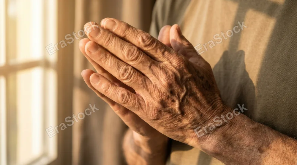 Two palms pressed together in a moment of gratitude or prayer, realistic skin tones showing age and character lines, intertwined fingers with natural texture and
