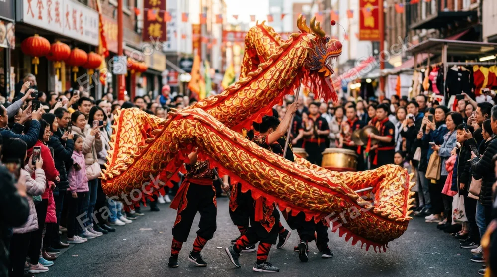 Vibrant red and gold dragon costume undulating through a crowded street festival, silk fabric rippling in waves, multiple performers hidden beneath raising and lowering