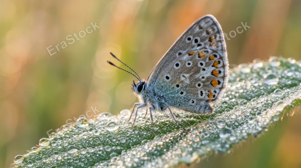 A close-up macro view of a butterfly resting on a dew-covered leaf at sunrise, tiny water droplets reflecting the surrounding greenery, delicate wing patterns sharply defined, background melting into