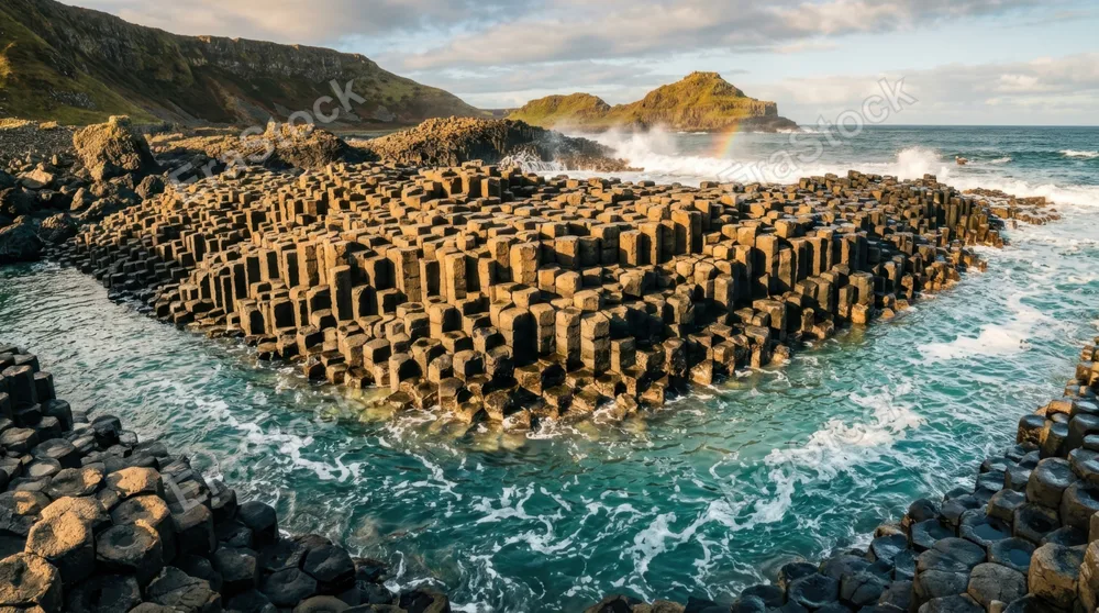 A perfect hexagonal basalt column formation emerging from a calm coastal inlet, hundreds of symmetrical six-sided stone pillars of varying heights rising from shallow