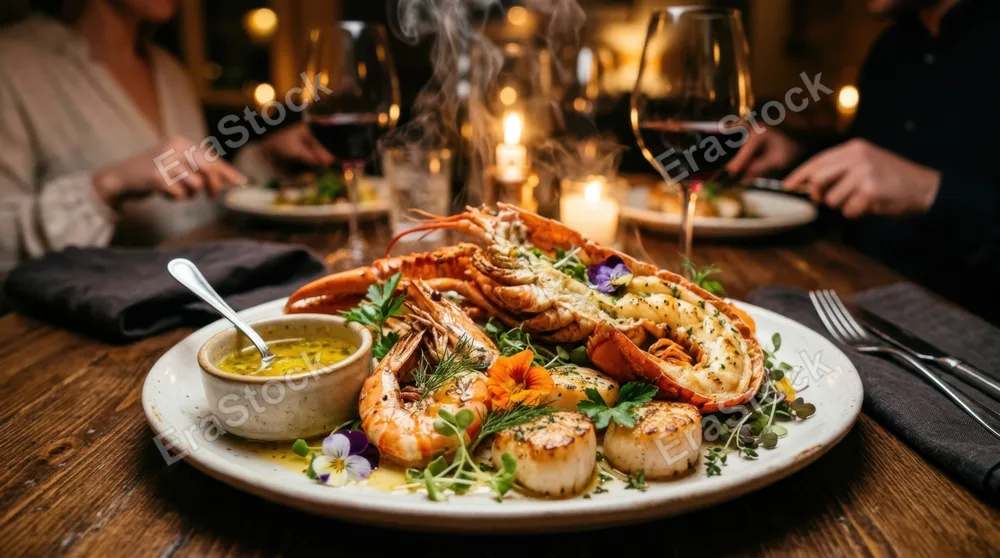 Steaming hot seafood platter with lobster tail, jumbo shrimp, and scallops arranged on white ceramic, melted butter sauce pooling nearby, fresh herbs and edible flowers