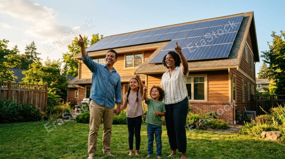 Family of four standing in backyard looking up at their newly installed solar array on home roof, genuine smiles and pointing gestures, afternoon lighting creating warm