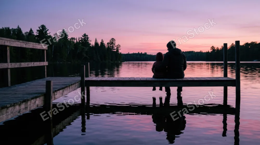 Father and child sit together on a dock overlooking calm water at dusk, their silhouettes reflecting on the still surface below, child nestled close beside father figure,