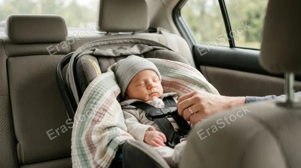 Newborn infant securely fastened in rear-facing car seat, soft pastel blankets tucked around sides, gentle natural light streaming through car window illuminating baby's
