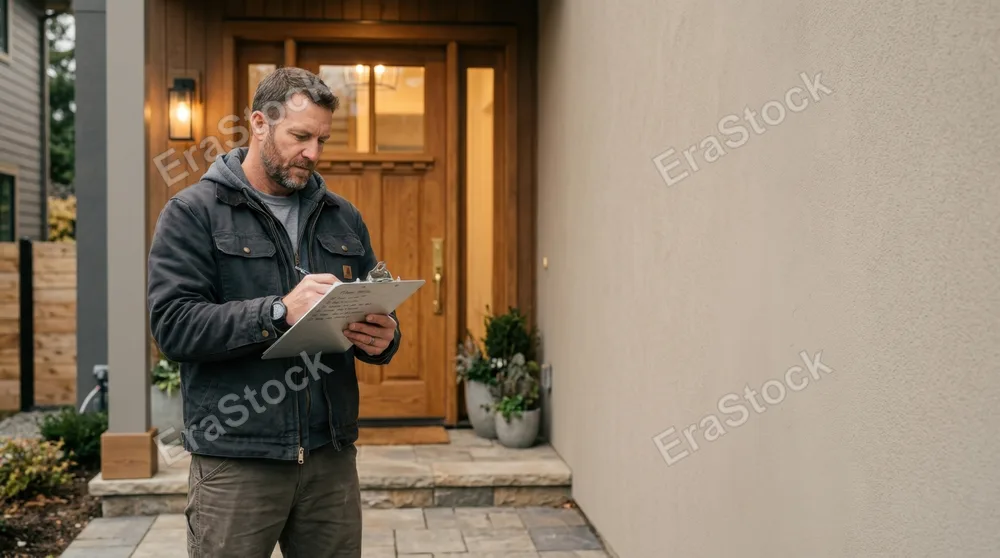 a bold commercial shot of the builder reviewing his clipboard, framed against the welcoming entry door, allowing ample clean space for branding messages. the neutral