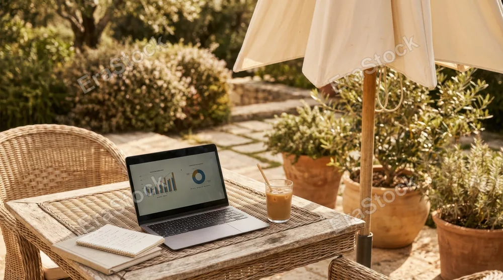 An outdoor co-working setup in a hotel garden, a laptop open on a rattan table under a sun umbrella, a notebook and iced coffee beside it, the hybrid of work and leisure that defines modern