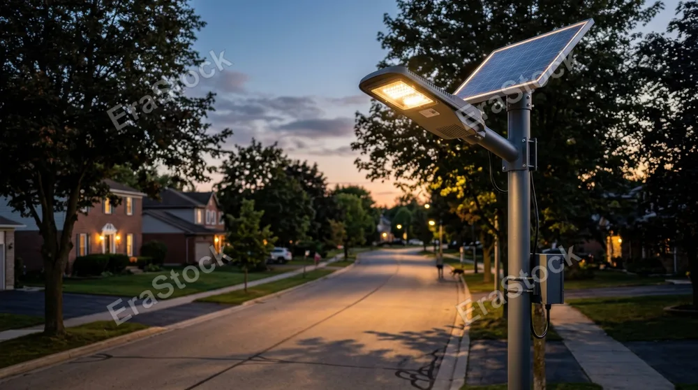 Modern solar street light standing tall at dusk in a quiet suburban residential street, its sleek pole with integrated solar panel glowing softly as streetlights
