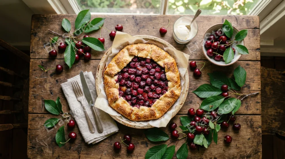 an overhead view captures the cherry galette at the center of the rustic table, surrounded by a scattering of fresh cherries and lush green leaves. the contrasting colors