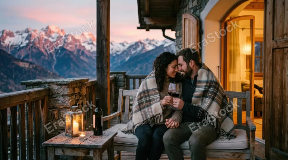 Two people sitting on a private balcony overlooking mountains at sunset, sharing a glass of wine, cozy blanket draped over their shoulders, candlelit table beside them,