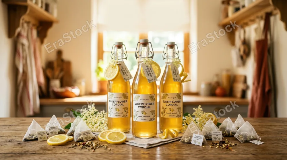 a graphic commercial layout presents swing-top bottles centered in an elegant arrangement, filled with golden elderflower cordial and adorned with fresh lemon slices, all