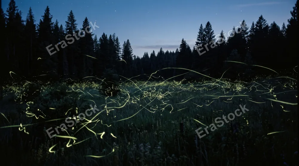 Long exposure photograph of firefly swarms over a dark meadow at the edge of a pine forest, hundreds of bioluminescent light trails creating a three-dimensional web of