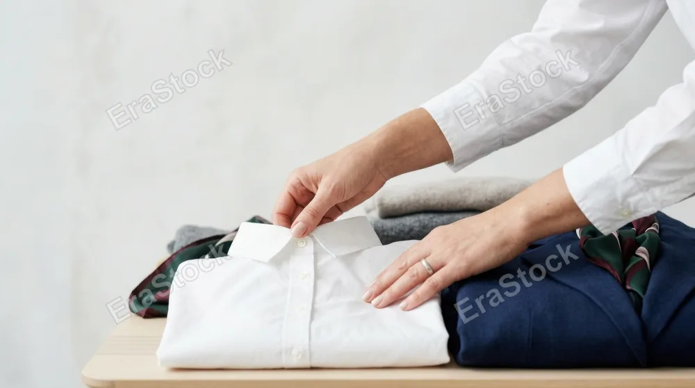 in a bold, graphic composition emphasizing the personal touch of the stylist, the scene showcases the hands as they elegantly position the white blouse among the other