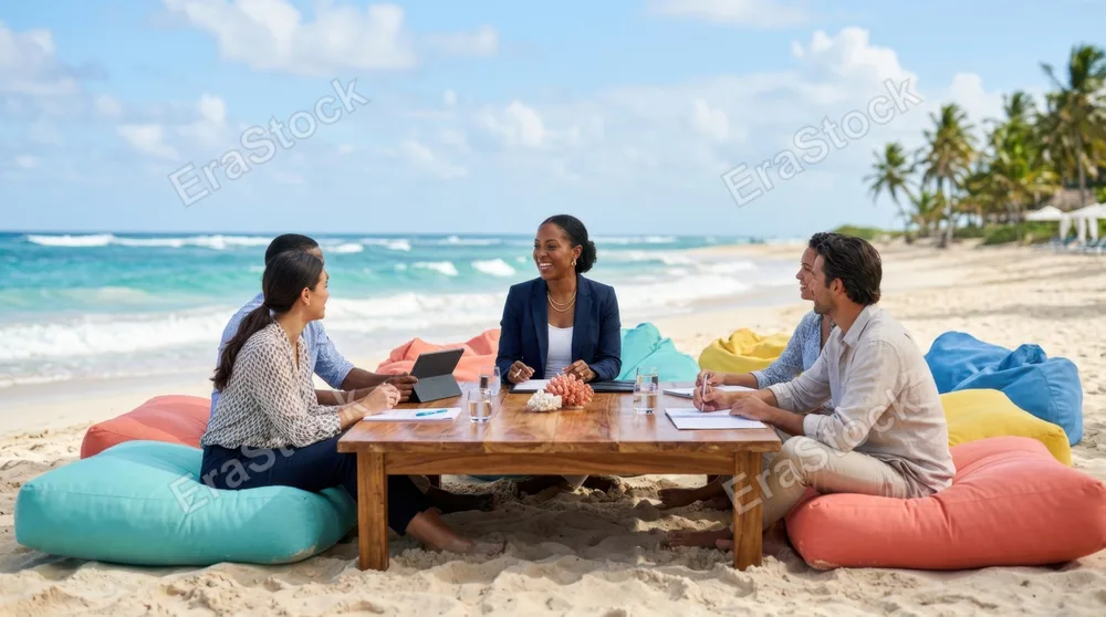 a bold composition showing the executive at the center of a beach-themed boardroom meeting, surrounded by cloud-like cushions and vibrant colors. generous negative space