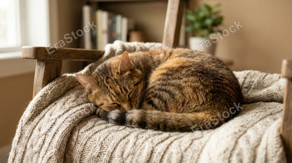 Tabby cat curled into a tight circular ball on a soft knit blanket draped over furniture, eyes closed in deep sleep, tail wrapped protectively around body, intricate fur