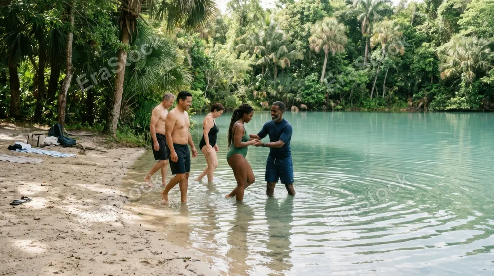 a serene outdoor scene captures a 40-year-old black male swimming instructor gently guiding a group of swimmers into a calm lake, framed by tropical greens and sandy