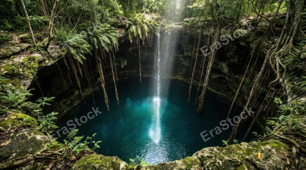 A flooded limestone sinkhole in the Yucatan jungle viewed from the rim looking down, the circular opening framing a blue-green water surface 20 meters below, the walls draped in hanging roots and