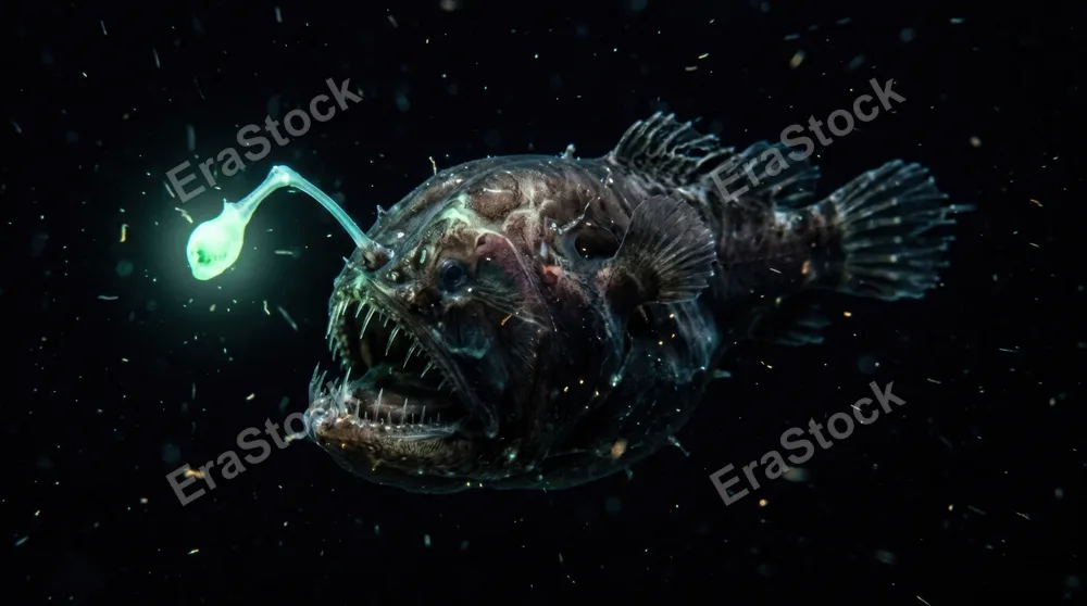 A deep-sea anglerfish hovering motionless in absolute blackness, its bioluminescent lure glowing a ghostly pale green, translucent tissue revealing faint organ shapes