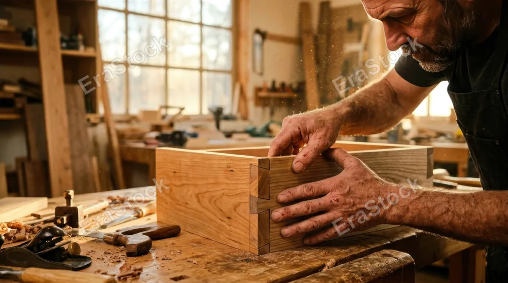 Skilled carpenter's hands precisely fitting wooden dovetail joints together, sawdust particles floating in golden afternoon sunlight streaming through workshop windows,