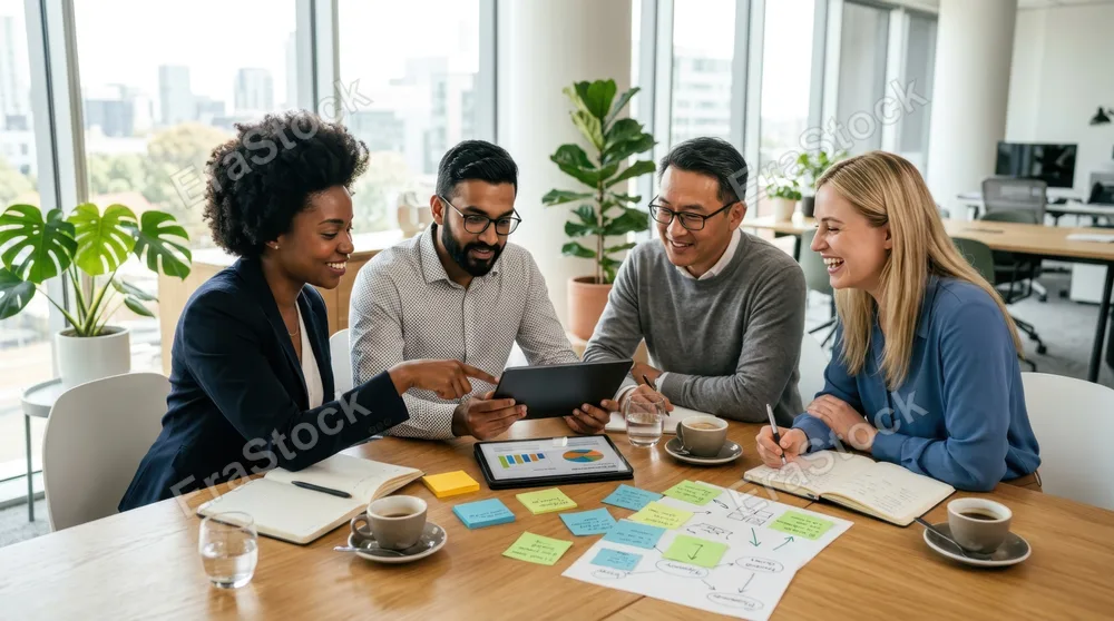 Modern diverse team of four professionals gathered around a sleek wooden conference table, colorful sticky notes and sketches scattered across the surface, one person