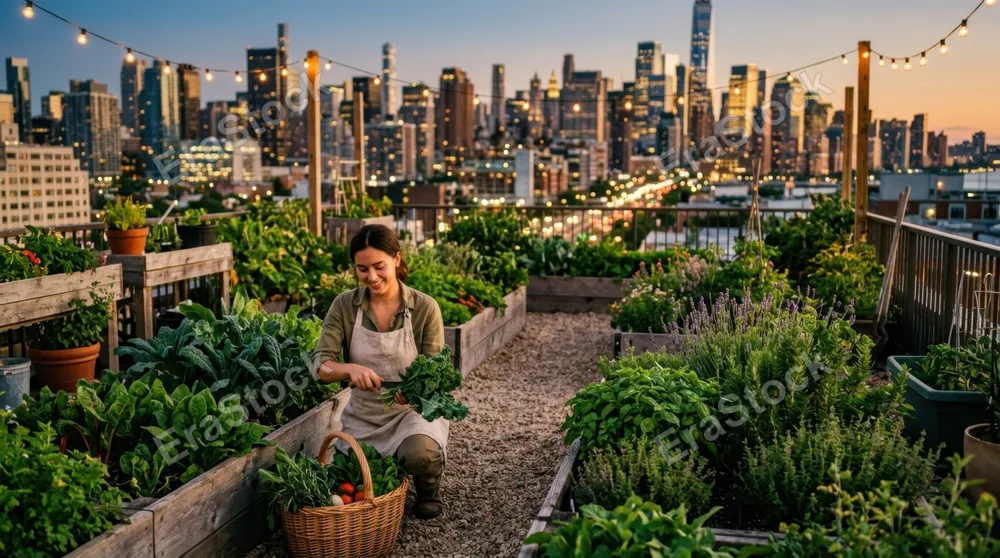 A rooftop urban farm at dusk above a dense cityscape, raised wooden planter beds overflowing with leafy greens and flowering herbs, a young farmer in linen apron
