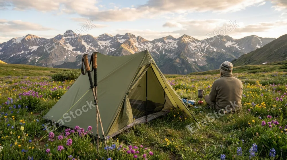 A solo hiking tent pitched on a high alpine meadow in summer, snow-capped peaks behind, wildflowers at the doorway, a pair of trekking poles leaning against the tent, the self-sufficient romance of