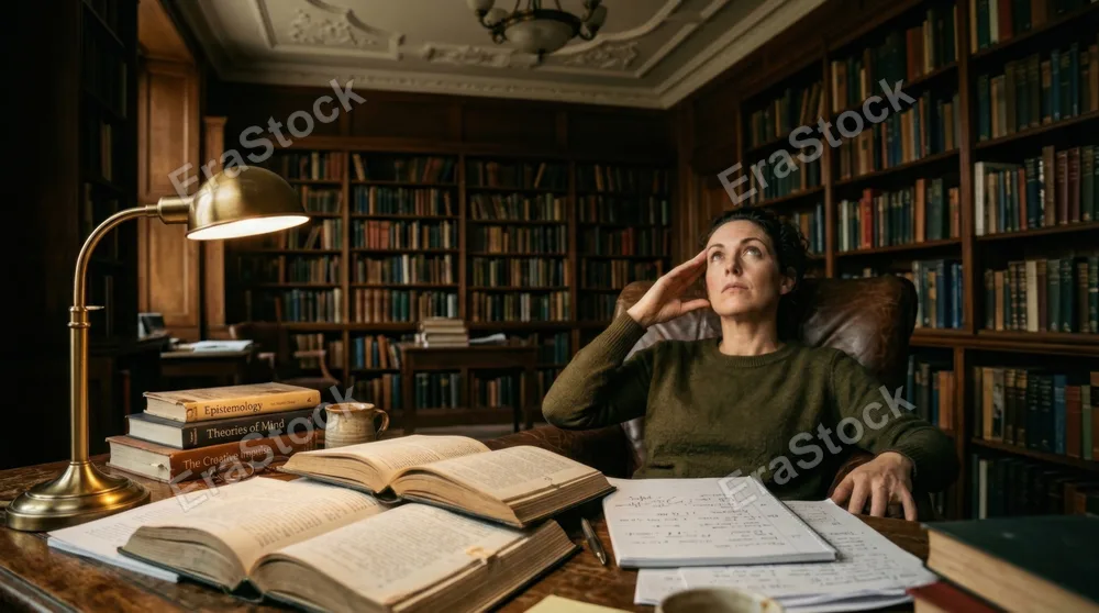 Intellectual woman leaning back in a leather chair, eyes focused on a ceiling with hand pressed to temple, surrounded by open books and notepads scattered across wooden