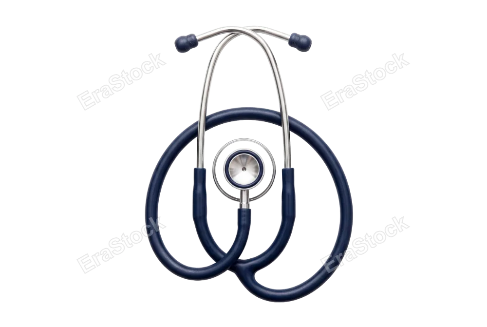 Night nurse stethoscope with dark navy tubing, polished silver chest piece, coiled earpieces showing metallic sheen and rubber texture detail, isolated on pure