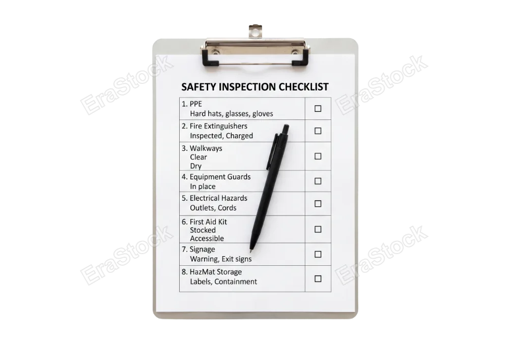 Safety engineer clipboard with checklist form, silver metal clip, white paper with typed safety inspection items, black ballpoint pen resting on top, isolated
