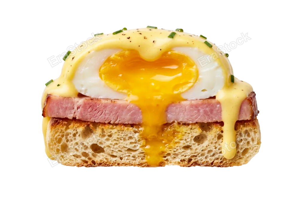 Classic eggs benedict cross-section showing layered composition: toasted English muffin with visible crumb texture, pink cured ham, two poached eggs with