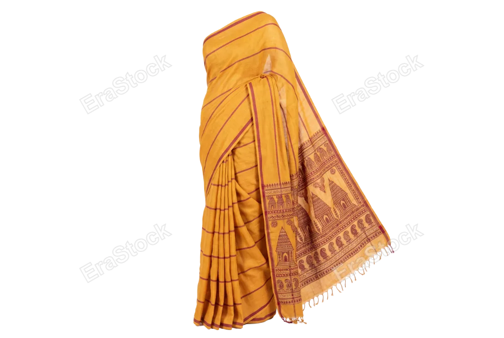 Handwoven linen sari in warm saffron yellow with burgundy silk stripe running through the length, fine drape shown with gathered folds, traditional temple motif