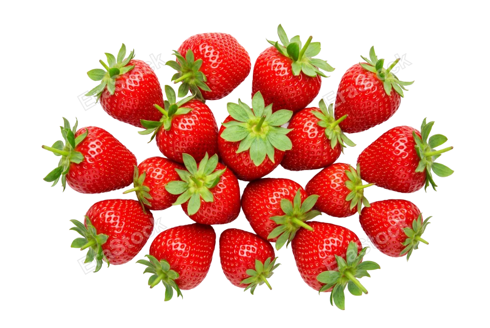 Fresh vibrant strawberries with glossy deep red skin and bright green leafy crowns, arranged in loose cluster showing natural surface dimples and seeds