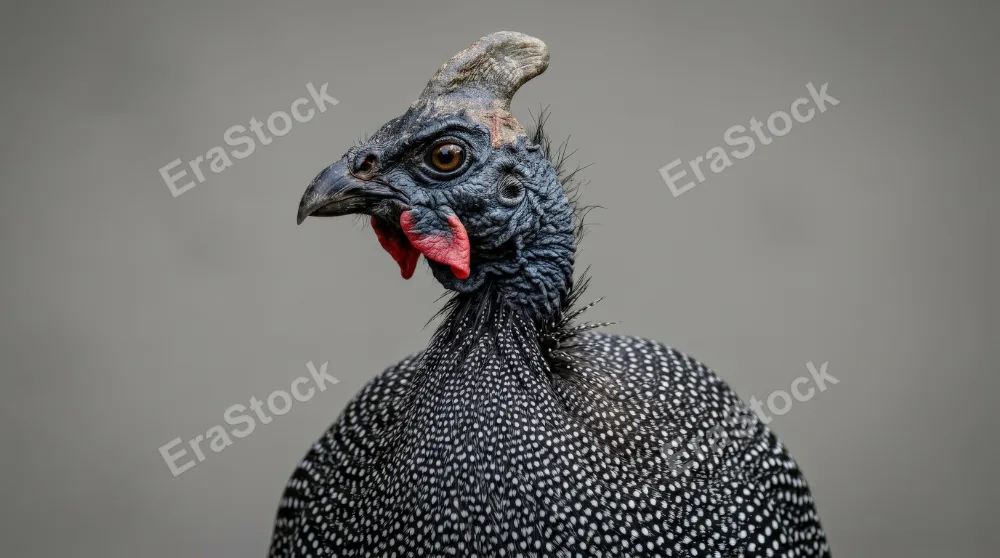 A helmeted guinea fowl portrait isolated on a neutral backdrop, black plumage with white spots, distinctive head detail and sharp avian character, ultra-realistic, no logos.