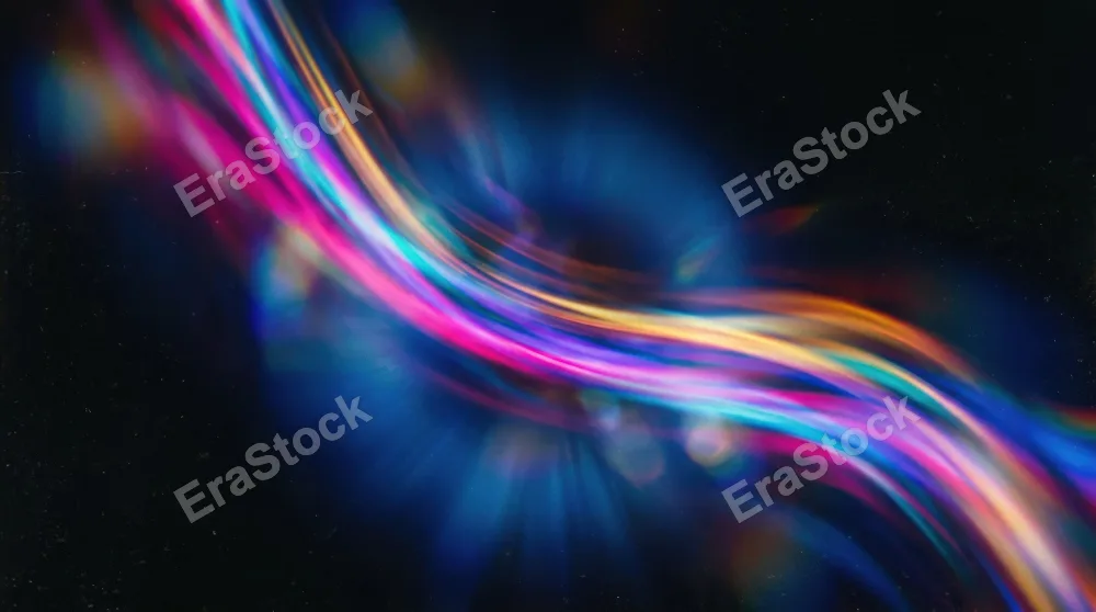 Abstract colorful motion-blurred light leak over black, blue lens glow and soft retro film texture creating dynamic cinematic depth, ultra-realistic, no logos.